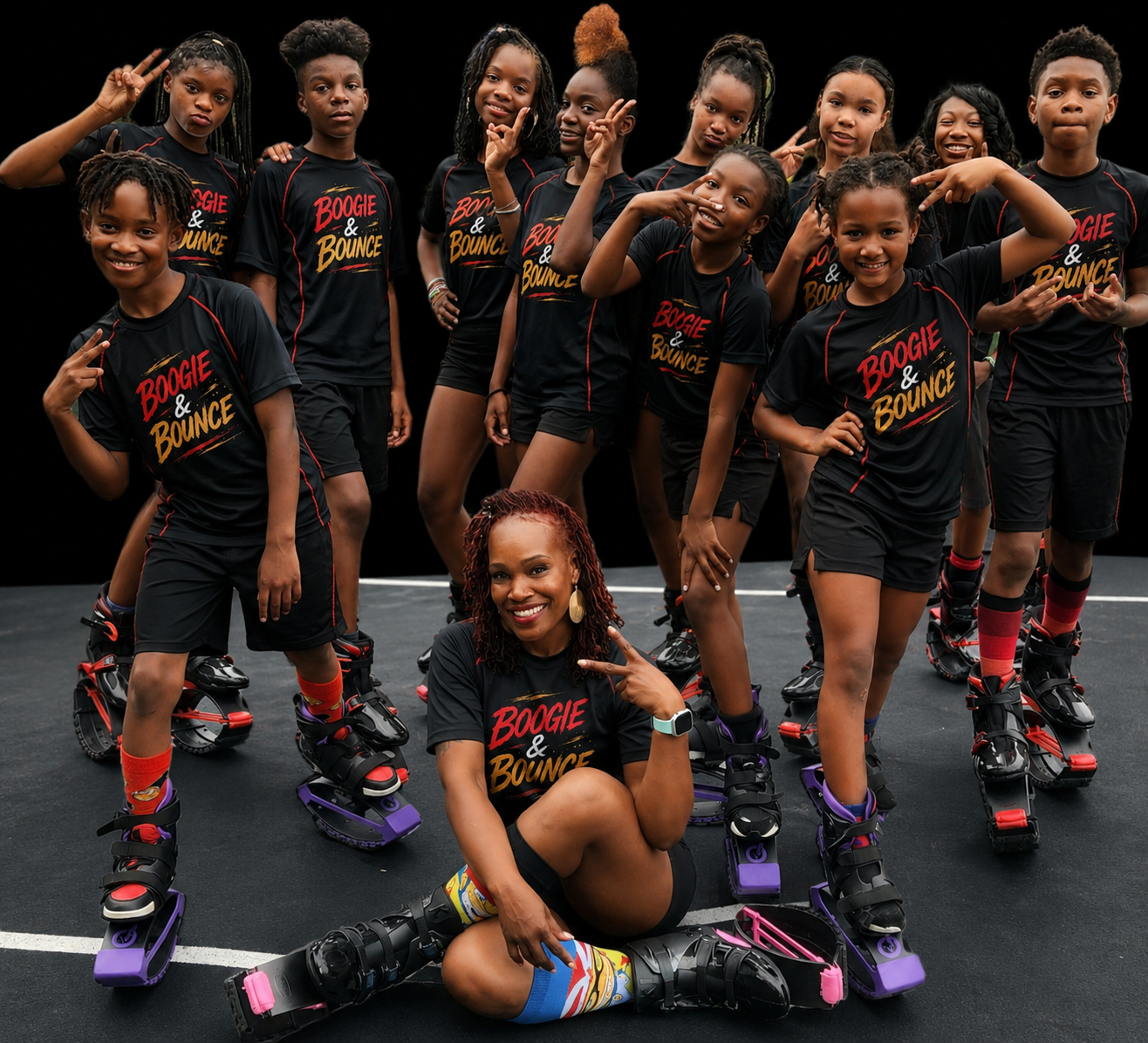 Boogie and Bounce youth group bouncing together in Kangoo Jumps rebound boots
